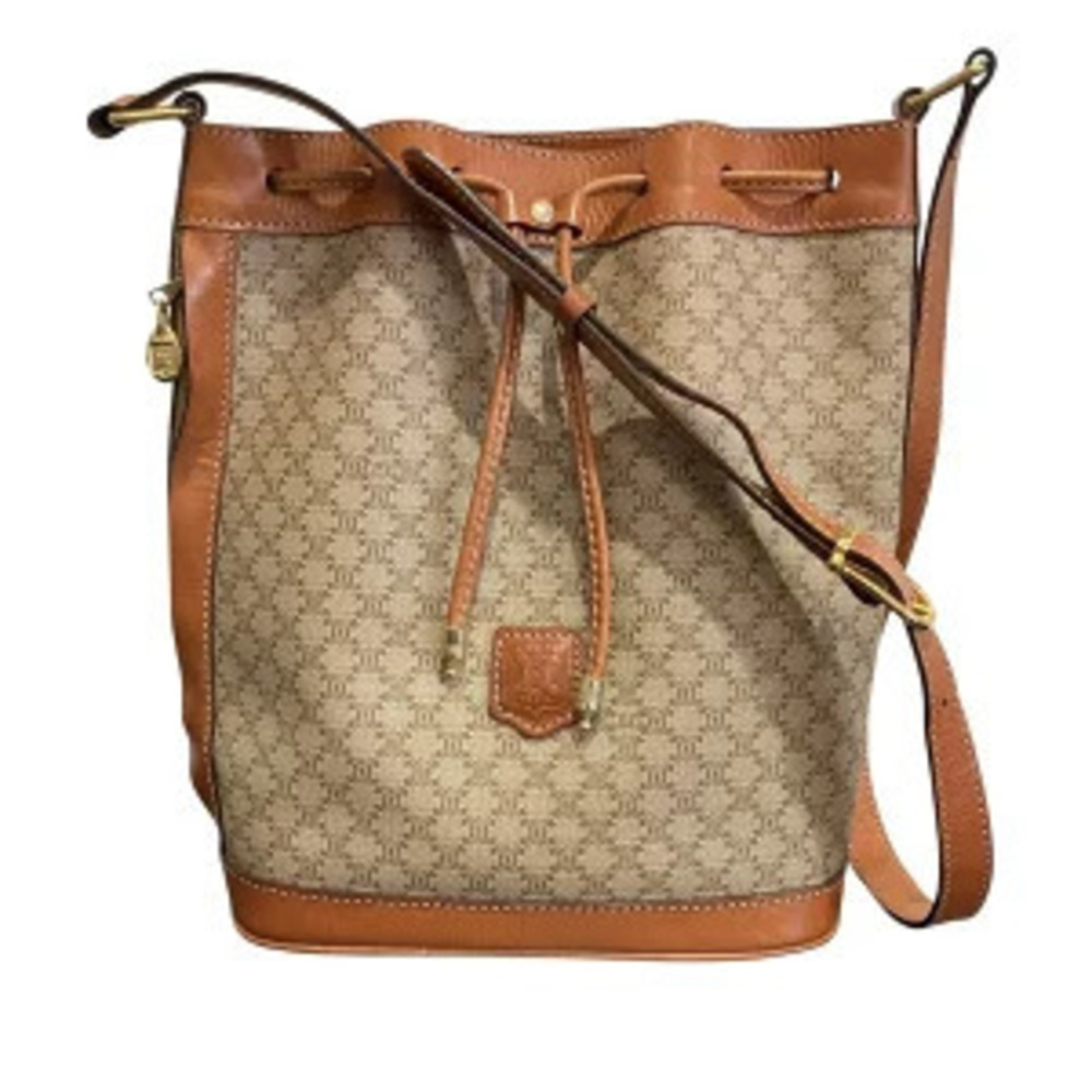 Celine Macadam Drawstring Bucket Bag Beige Cream tan canvas Brown